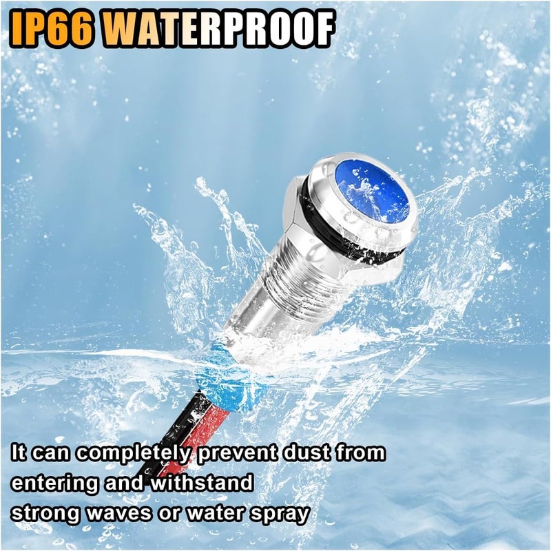 GLSOWEE 5 قطع 6 مم 1/4" ضوء مؤشر LED، 12-24 فولت تيار متردد/تيار مستمر، مصباح إشارة معدني مقاوم للماء IP66، مؤشر معدني بسلك بطول 145 مم، ضوء مؤشر LED للسيارات والشاحنات والقوارب (أزرق) - Image 5